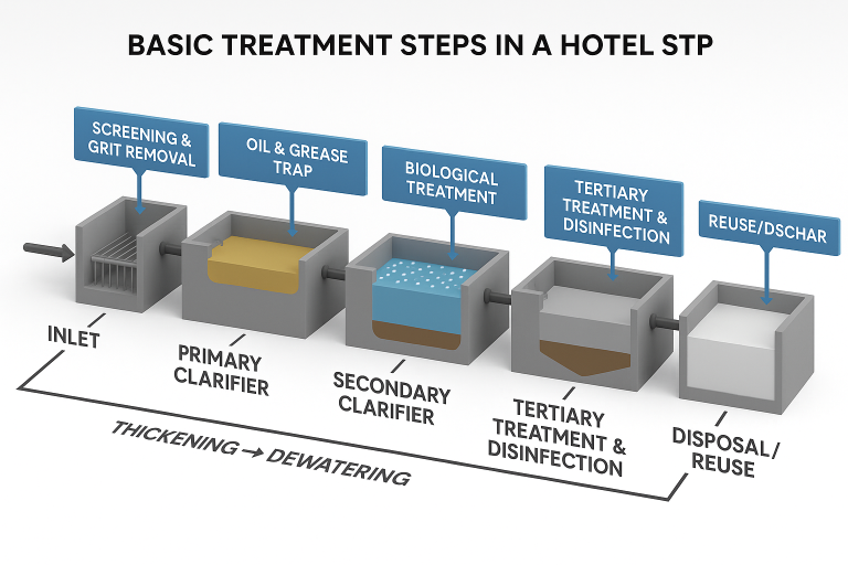 Treatment Steps in a Sewage Treatment Plant for Hotels